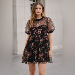 Black Sheer Mesh Mini Dress with Floral Embroidery | Large/XL